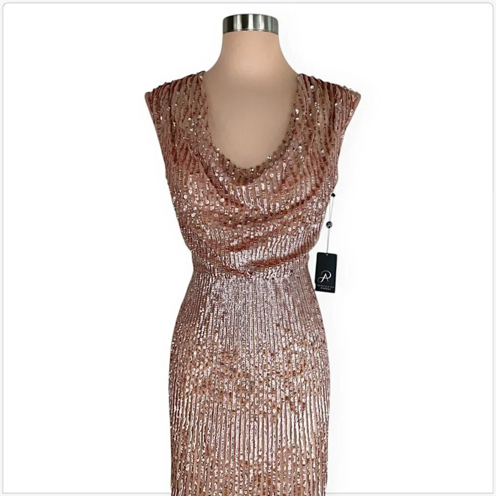 Adrianna Papell Rose Gold Cowl Neck Beaded Sequin Column Gown Dress NWT New 4